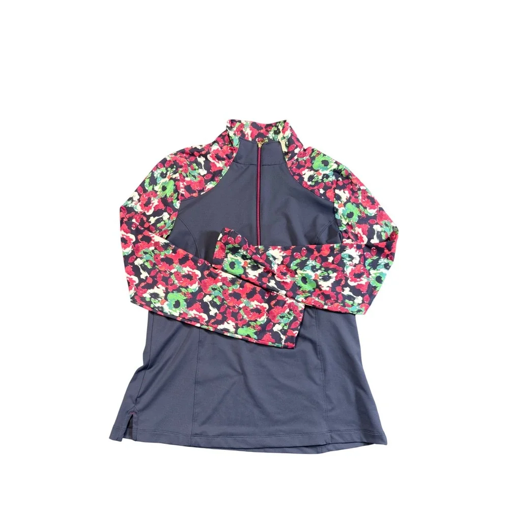 Fairway & Greene Floral Quarter Zip Pullover Size M Navy Blue EUC